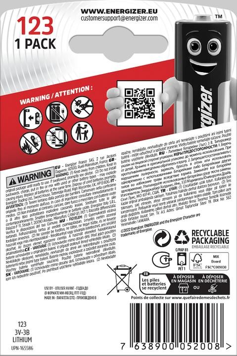 Energizer CR 123 Lithium Zylinder 1er Blister 