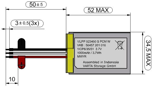 VARTA LPP 523450 S PCM W, 3.7V 1000mAh, Lithium-Polymer